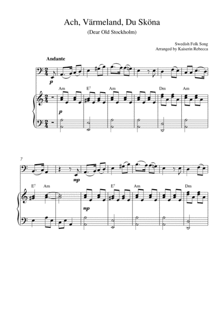 Ach, Värmeland, Du Sköna (Dear Old Stockholm) (cello solo and piano accompaniment) (arr. Kaiserin Rebecca)