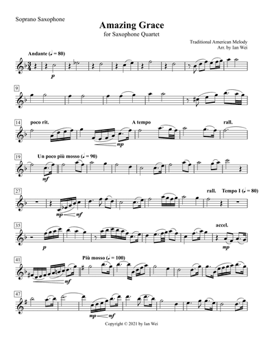 Amazing Grace for Saxophone Quartet (arr. Ian Wei)