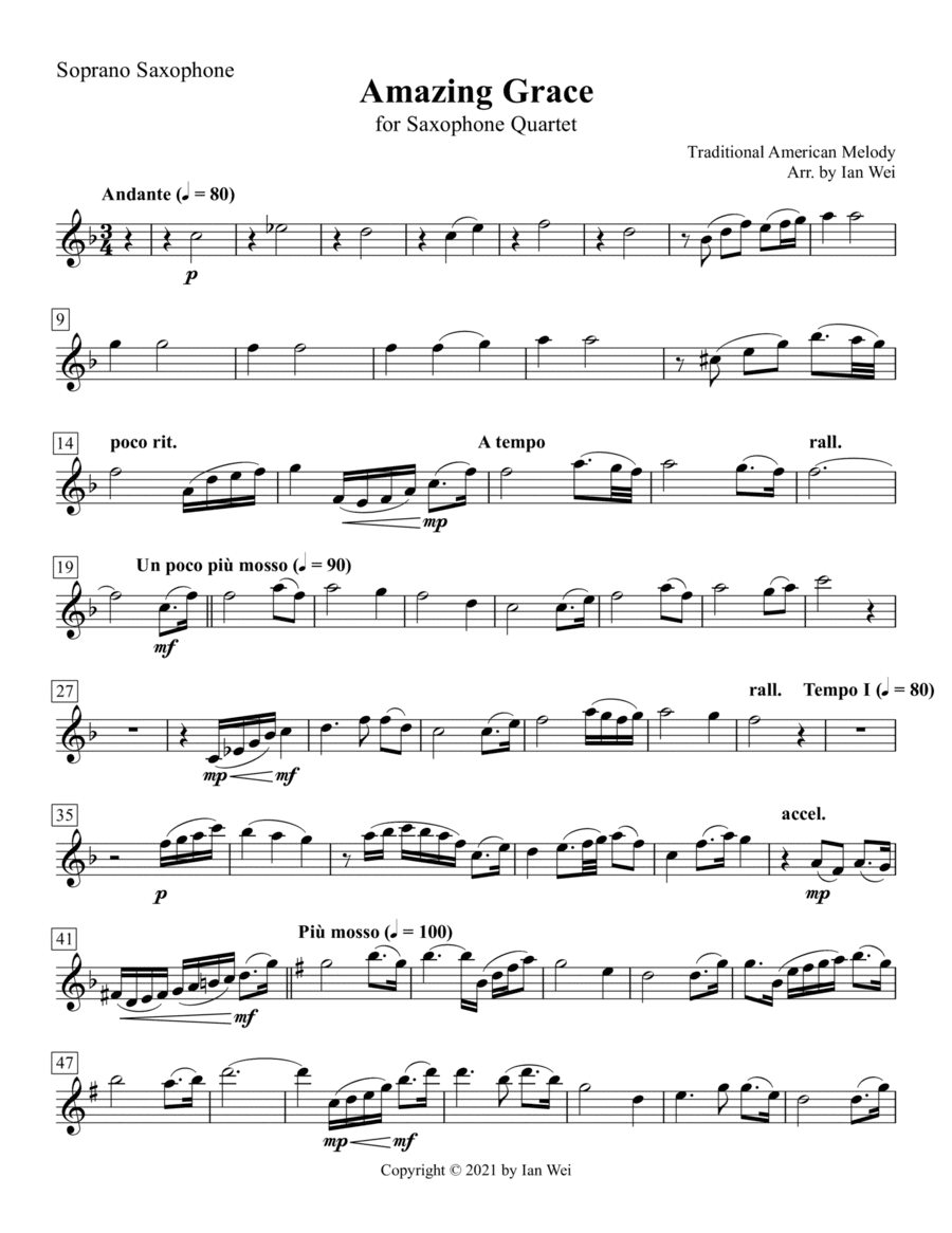 Amazing Grace for Saxophone Quartet (arr. Ian Wei)