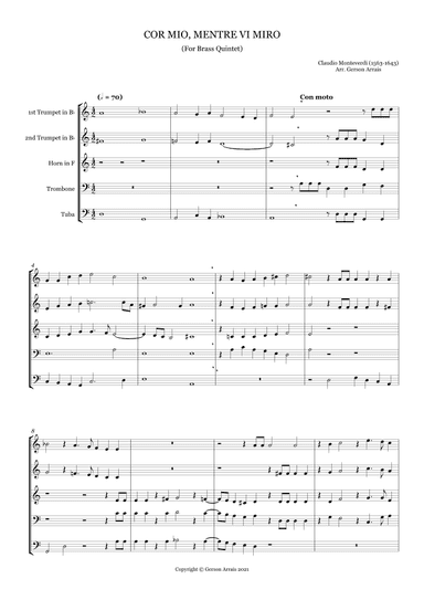 COR MIO, MENTRE VI MIRO - Claudio Monteverdi - for Brass Quintet - Scores and Parts (arr. Gerson Arrais)