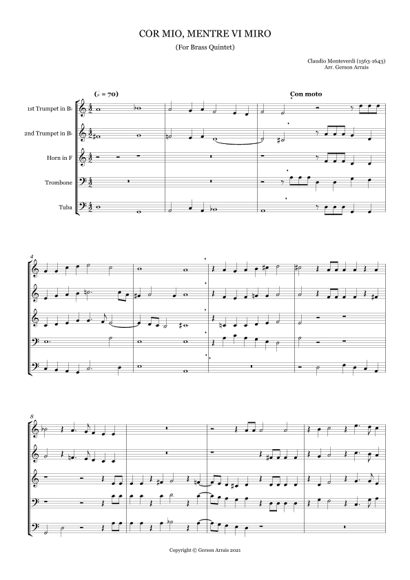 COR MIO, MENTRE VI MIRO - Claudio Monteverdi - for Brass Quintet - Scores and Parts (arr. Gerson Arrais)