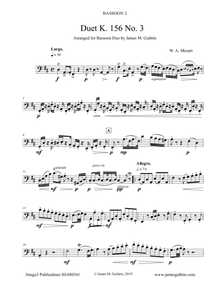 Mozart: Duet K. 156 No. 3 for Bassoon Duo (arr. James M. Guthrie, ASCAP)