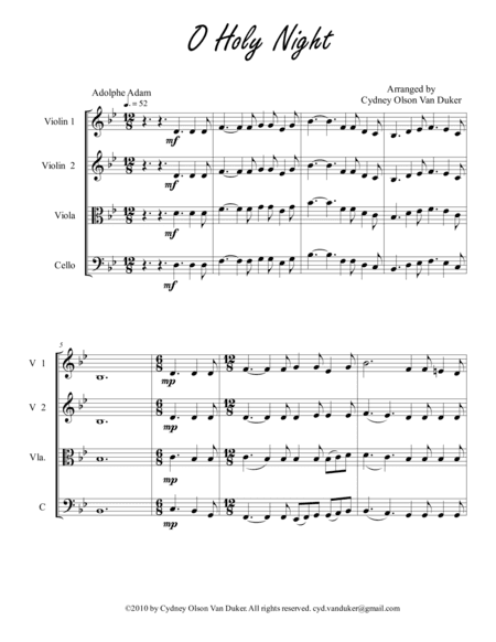 O Holy Night 2 Vn 1Vla 1 Cello (arr. Cydney Olson Van Duker)