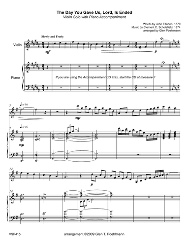THE DAY YOU GAVE US, LORD, IS ENDED - Violin Solo with Piano Accompaniment (arr. Glen Poehlmann)