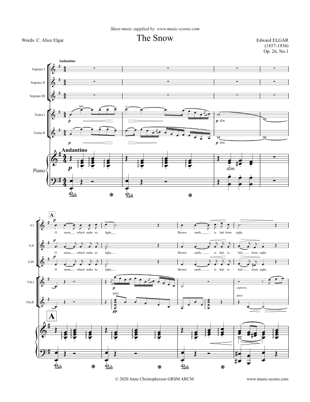 The Snow, Op.26 - SSA voices, Piano and Violins (arr. Anne L Christopherson GRSM ARCM)