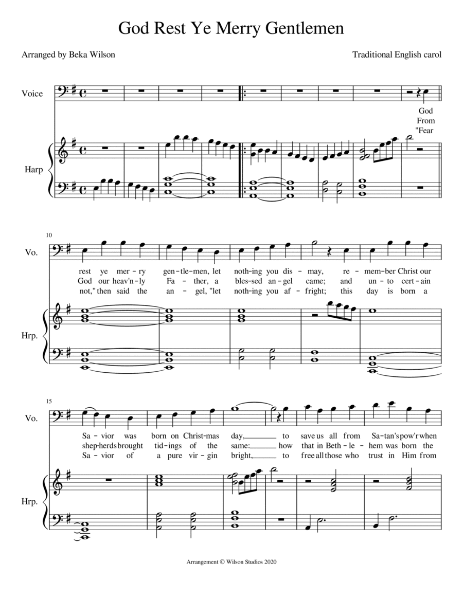 God Rest Ye Merry Gentlemen--vocal solo (bass clef) with harp accompaniment (arr. Beka Wilson)