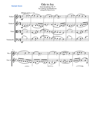 ODE TO JOY, Beethoven, String Quartet, Intermediate Level for 2 violins, viola and cello (arr. Sherry Lewis)