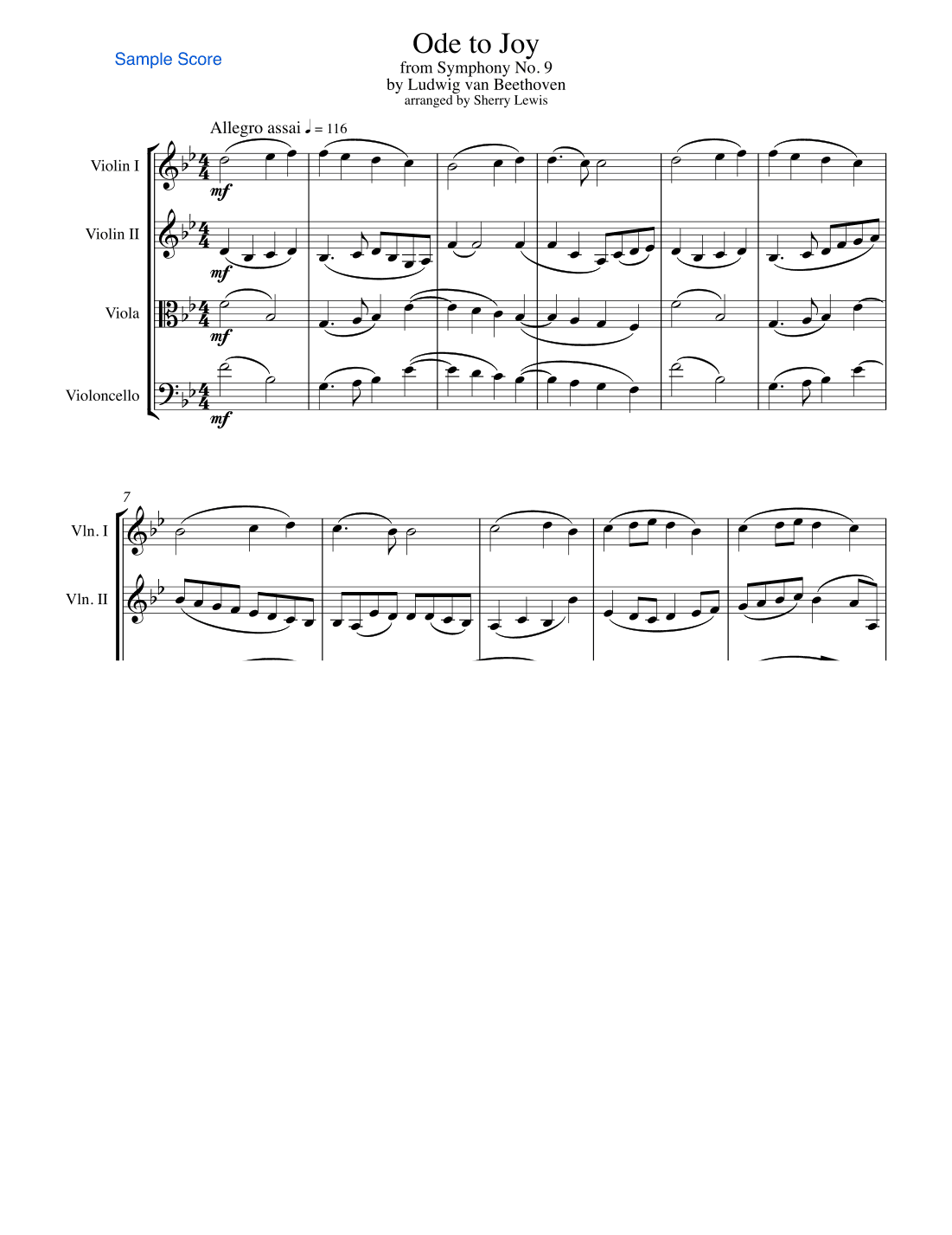 ODE TO JOY, Beethoven, String Quartet, Intermediate Level for 2 violins, viola and cello (arr. Sherry Lewis)