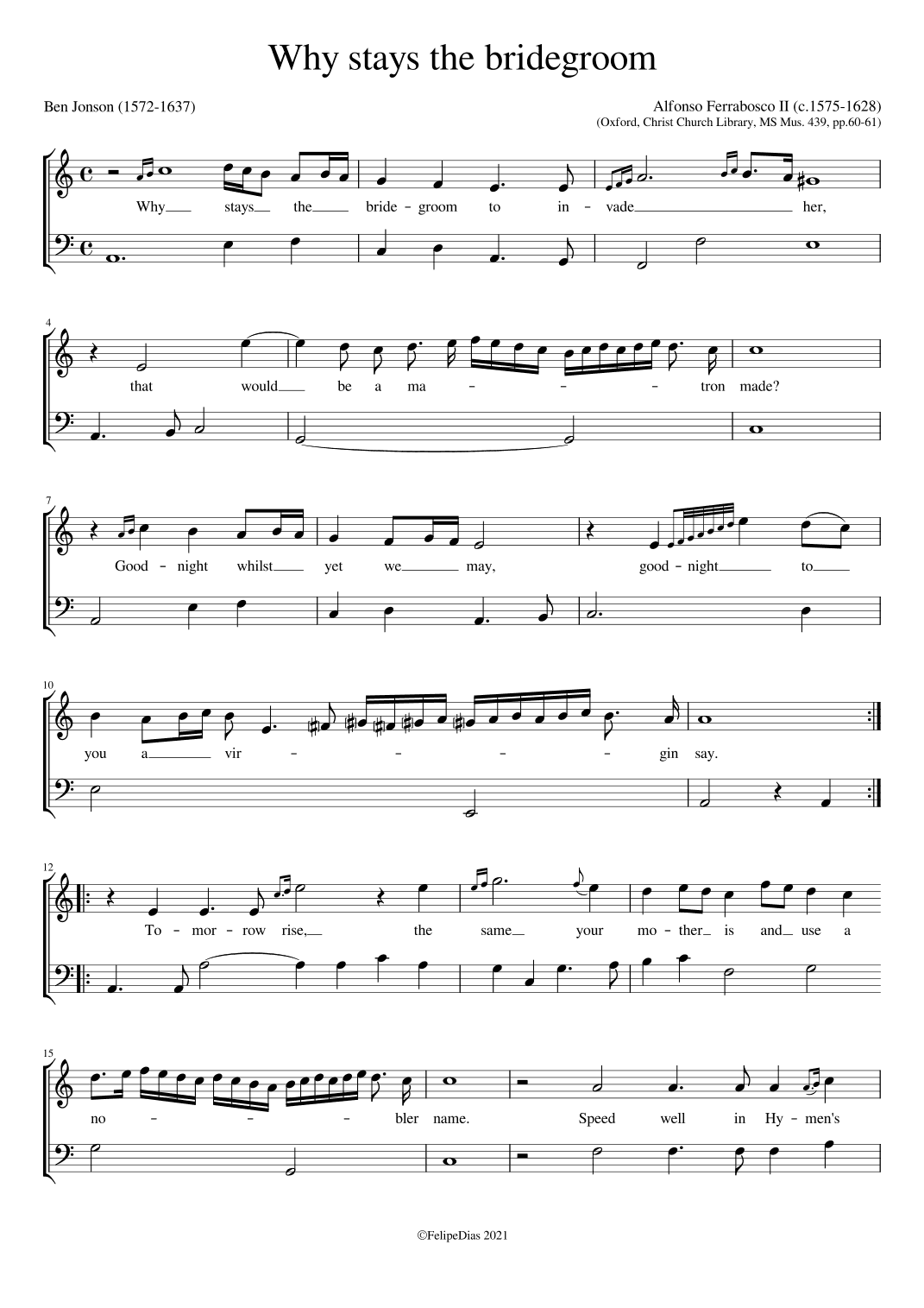 Why stays the bridegroom (Ornamented version from MS Mus. 439) (arr. Early Music Scores)