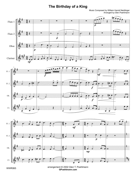 THE BIRTHDAY OF A KING - WOODWIND QUARTET (2 Flutes, Oboe & Clarinet) unaccompanied (arr. Glen Poehlmann)