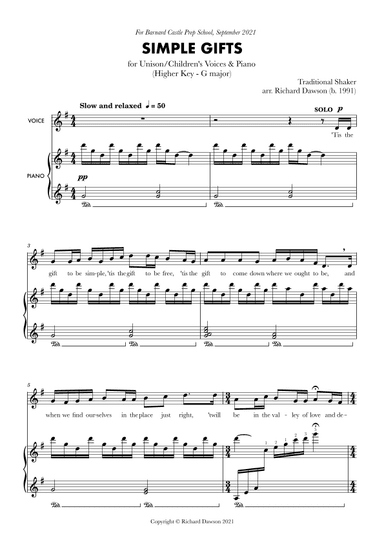Simple Gifts - Higher Key (G major) (arr. Richard Dawson)
