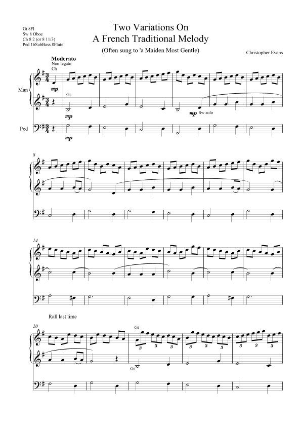Variations On a French Traditional Carol, for Organ Solo (arr. Christopher Evans)