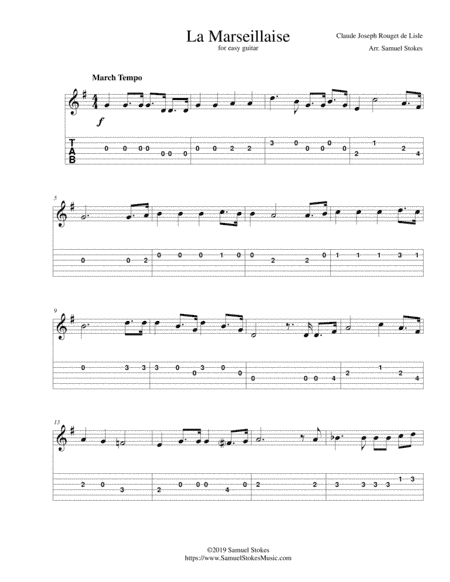La Marseillaise - French National Anthem - for easy guitar with TAB (arr. Samuel Stokes)