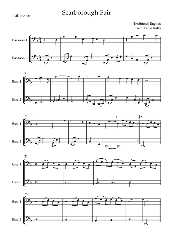 Scarborough Fair for Bassoon Duo (arr. Arrangement of the song Scarborough Fair for Bassoon Duo.)