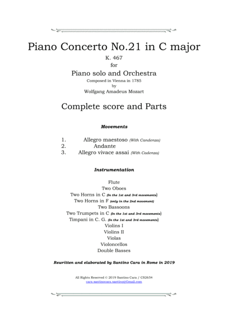 Mozart - Piano Concerto No.21 in C major K 467 for Piano solo and Orchestra - Score and Parts (arr. Santino Cara)