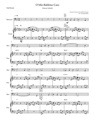 O Mio Babbino Caro (Puccini) for Bassoon Solo & Piano Accompaniment with Chords (arr. Fernando Britto)