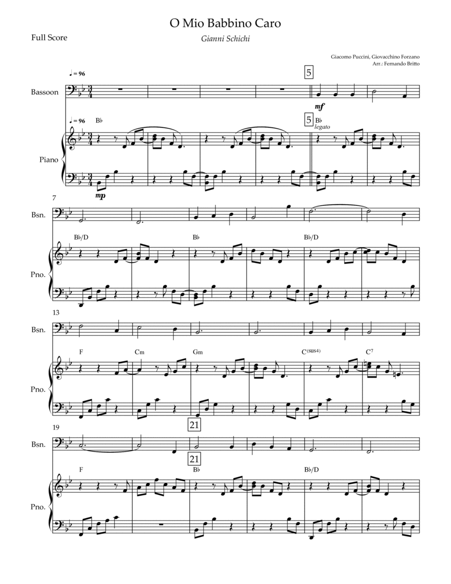 O Mio Babbino Caro (Puccini) for Bassoon Solo & Piano Accompaniment with Chords (arr. Fernando Britto)