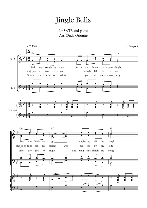 Jingle Bells (Bb major - SATB - with chords - with piano -two staff) (arr. Duda Oriontte)