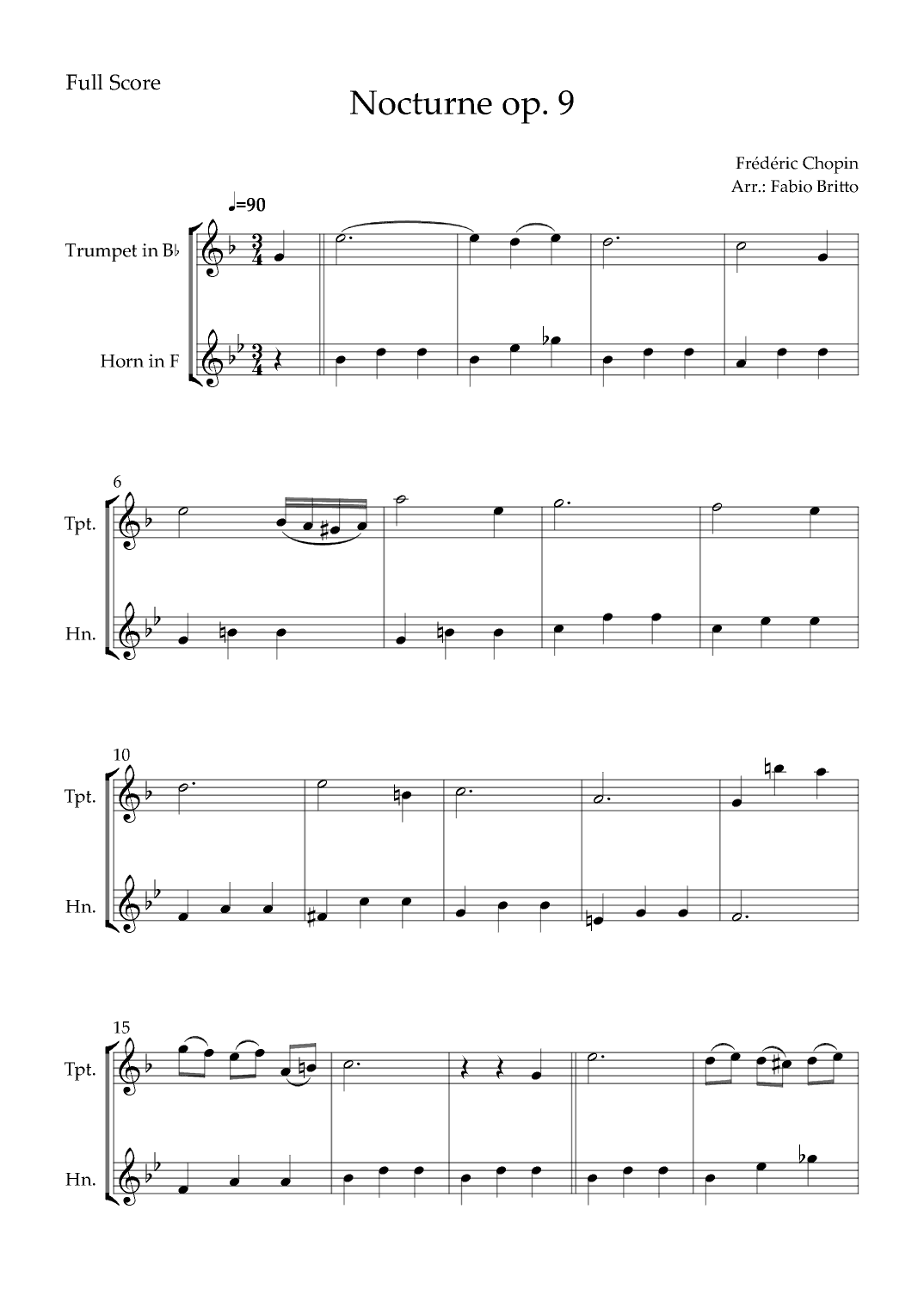 Nocturne Op.9 No. 2 (Frédéric Chopin) for Trumpet in Bb & Horn in F Duo (arr. Fabio Britto)