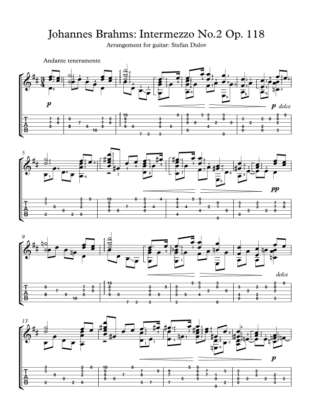 Intermezzo No. 2 Op. 118, guitar arrangement (arr. Stefan Dulov)