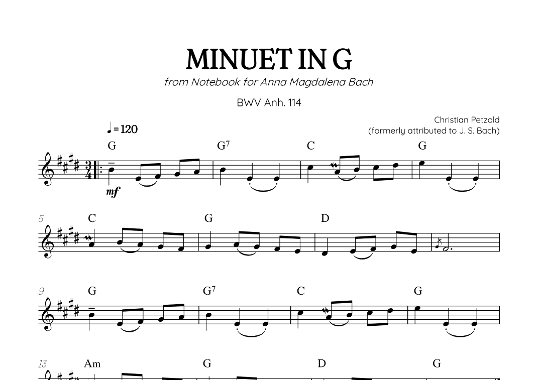 Petzold (Bach) Minuet in G BWV Anh 114 | alto sax solo (with chords) (arr. Benzaiten Editions)