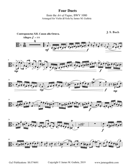 Bach: Four Duets from the Art of Fugue for Violin & Viola (arr. James M. Guthrie)