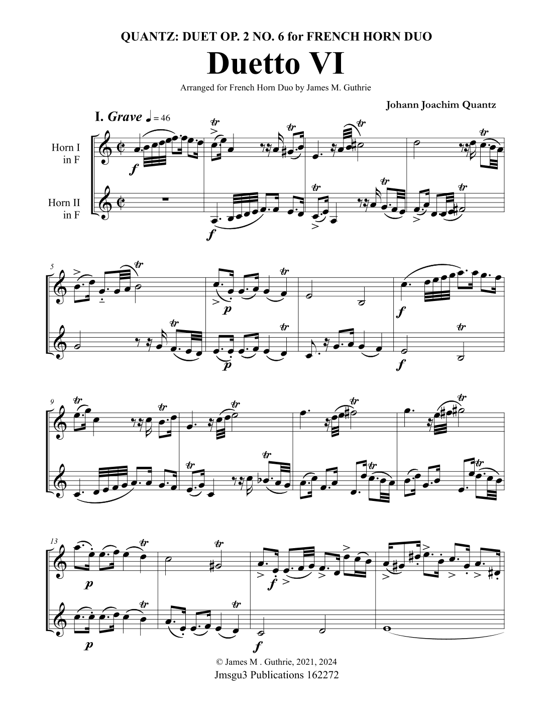 Quantz: Duetto Op. 2 No. 6 for French Horn Duo (arr. James M. Guthrie)