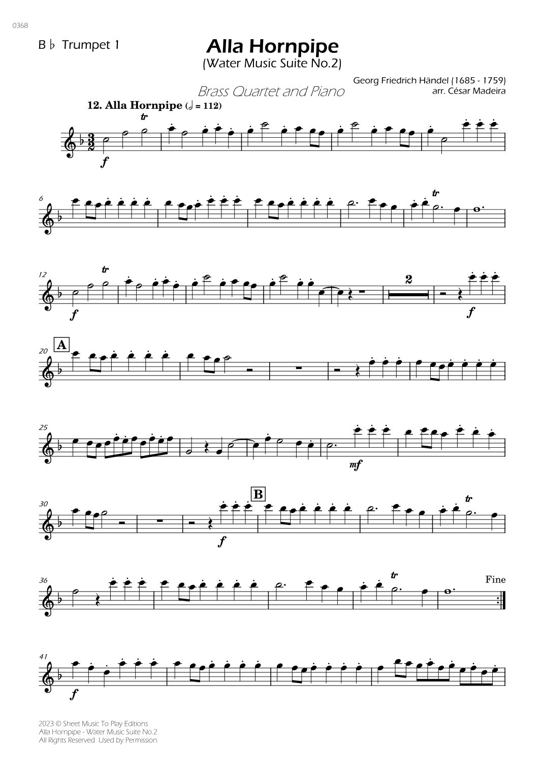 Alla Hornpipe by Handel - Brass Quartet and Piano (Individual Parts) (arr. César Madeira)