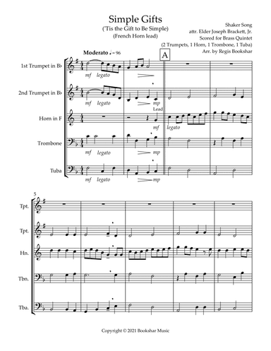 Simple Gifts ('Tis the Gift to Be Simple) (F) (Brass Quintet - 2 Trp, 1 Hrn, 1 Trb, 1 Tuba) (Horn le (arr. Regis Bookshar)