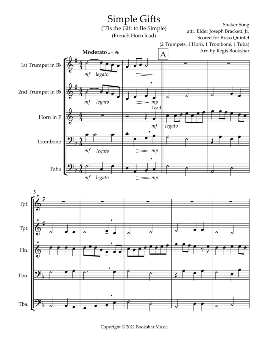 Simple Gifts ('Tis the Gift to Be Simple) (F) (Brass Quintet - 2 Trp, 1 Hrn, 1 Trb, 1 Tuba) (Horn le (arr. Regis Bookshar)