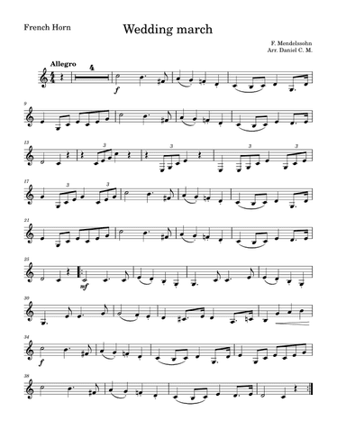 Wedding march by Mendelssohn for french horn (easy) (arr. Daniel C. M.)