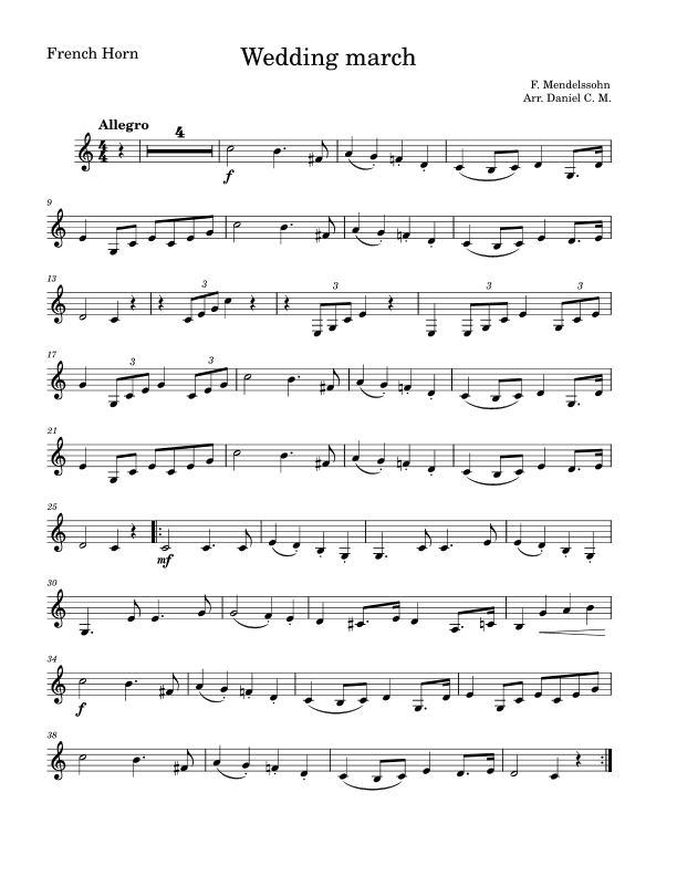 Wedding march by Mendelssohn for french horn (easy) (arr. Daniel C. M.)