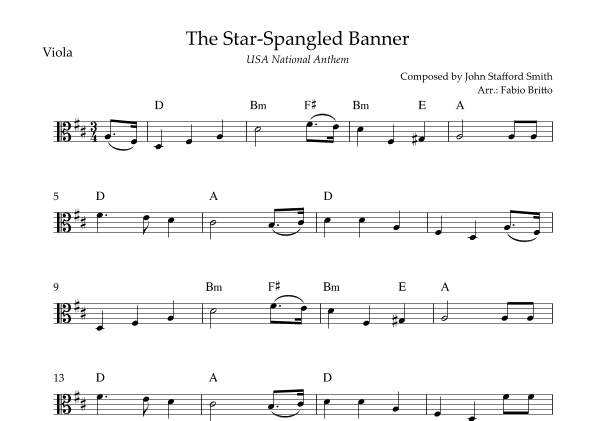 The Star Spangled Banner (USA National Anthem) for Viola Solo with Chords (D Major) (arr. Fabio Britto)