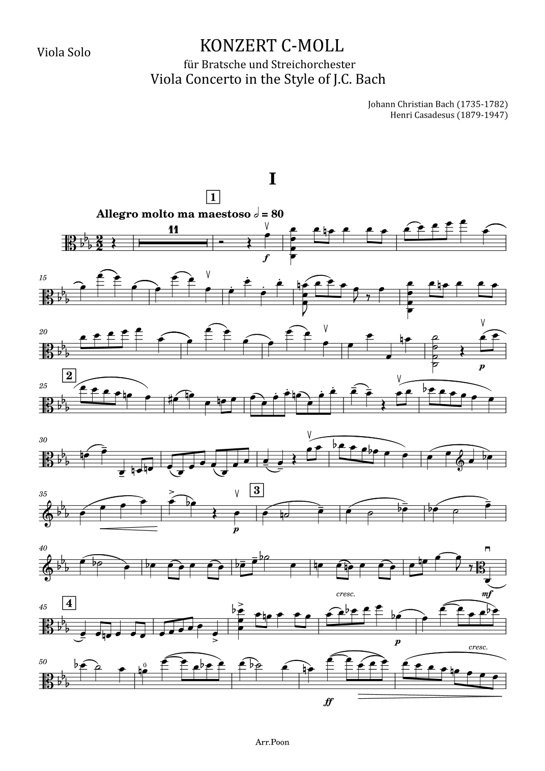 Viola Concerto in the Style of J.C. Bach Henri Casadesus- in C Minor - For Viola Solo Original (arr. poon)