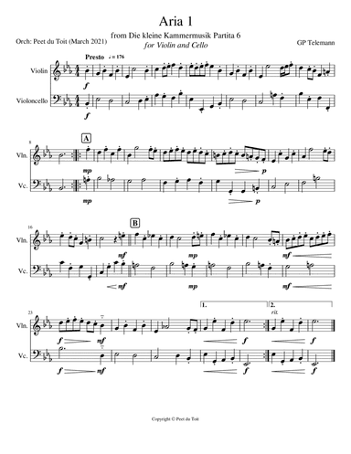 Aria 1 (A) from Die kleine Kammermusik Partita 6 - GP Telemann (Violin & Cello) (arr. Peet du Toit)