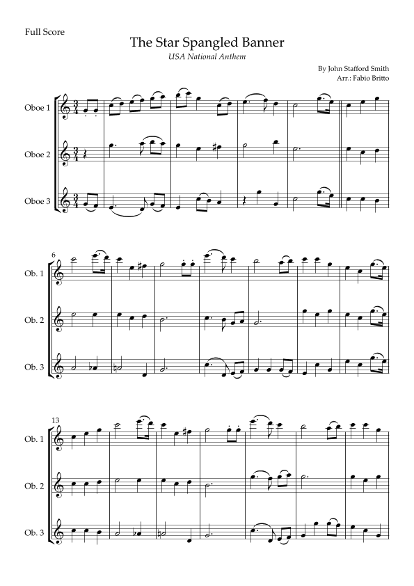 The Star Spangled Banner (USA National Anthem) for Oboe Trio (arr. Fabio Britto)
