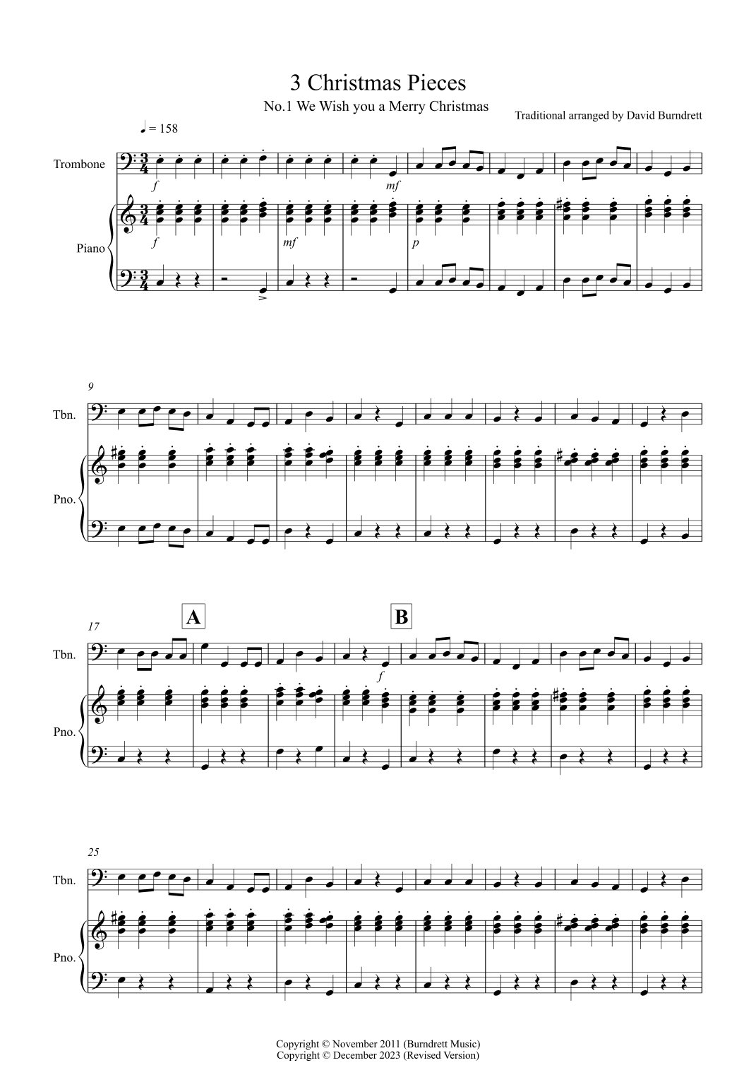 3 Easy Christmas Pieces for Trombone and Piano (arr. David Burndrett)