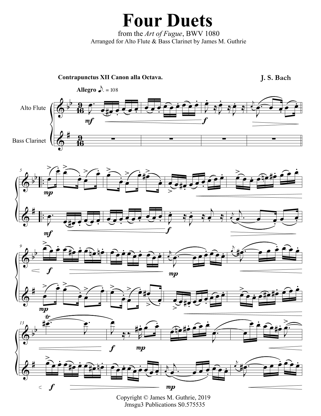 Bach: Four Duets from the Art of Fugue for Alto Flute & Bass Clarinet (arr. James M. Guthrie)