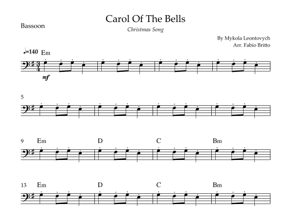 Carol Of The Bells (Christmas Song) for Bassoon Solo with Chords (arr. Fabio Britto)