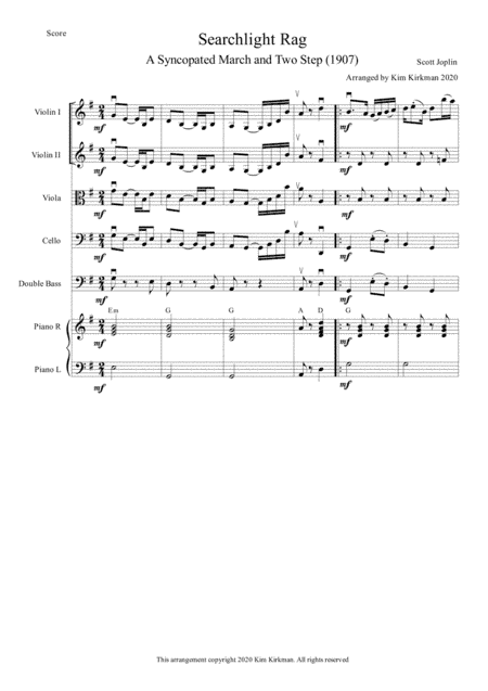 Searchlight Rag - Scott Joplin for string quartet/orchestra with optional piano (arr. Kim Kirkman)