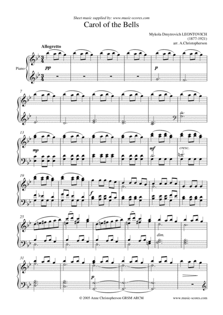 Carol of the Bells - Piano Solo (arr. Anne L Christopherson GRSM ARCM)