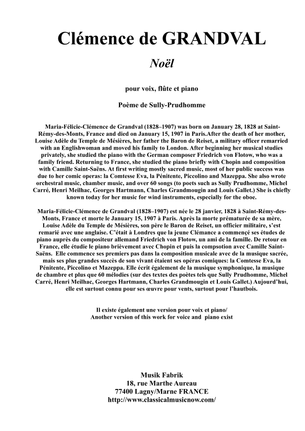 Clemence de Grandval : Noel for voice, flute and piano (arr. Paul Wehage)