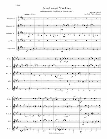 Aura Lea (Nora Lee) for clarinet quintet (E flat, 2 B flats, alto and bass) (arr. David Warin Solomons)