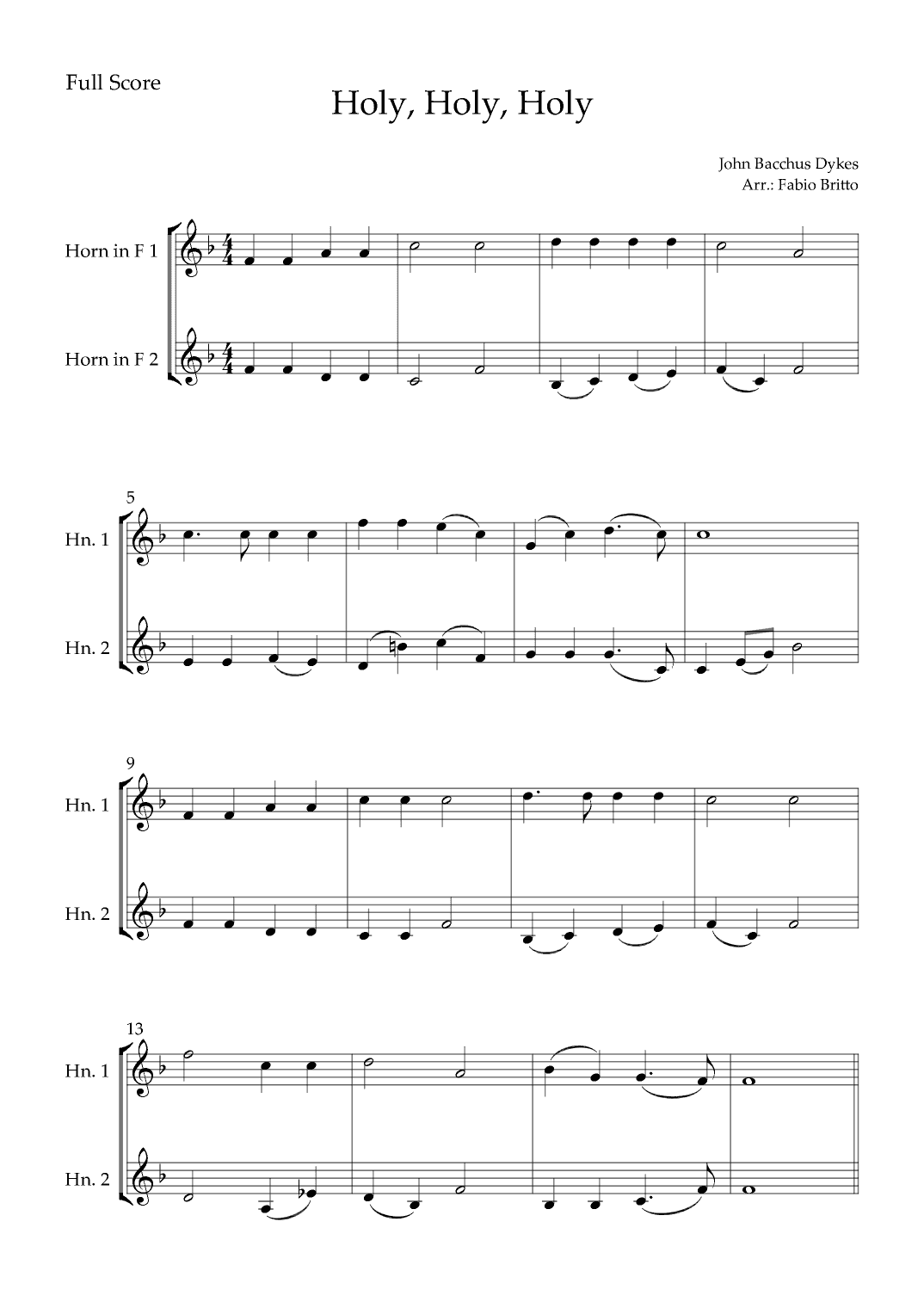 Holy, Holy, Holy (Traditional Christian Song) for Horn in F Duo (arr. Fabio Britto)