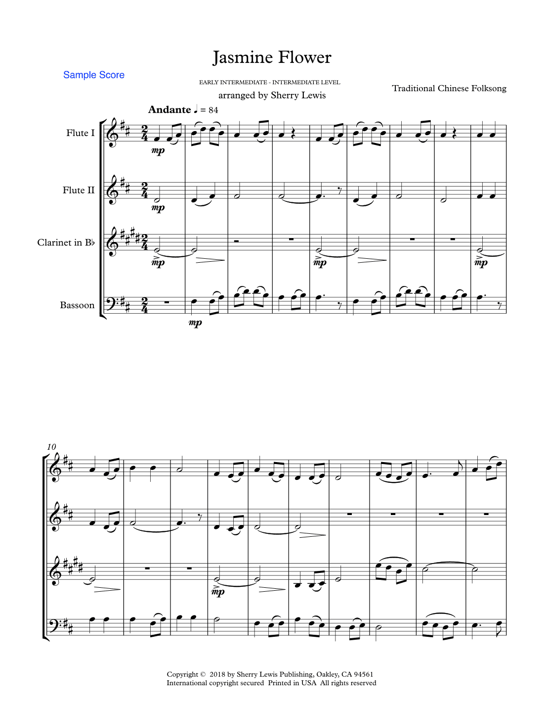Jasmine Flower, Traditional Chinese Folk Song, Woodwind Quartet, Intermediate Level for 2 flutes, cl (arr. Sherry Lewis Publishing)