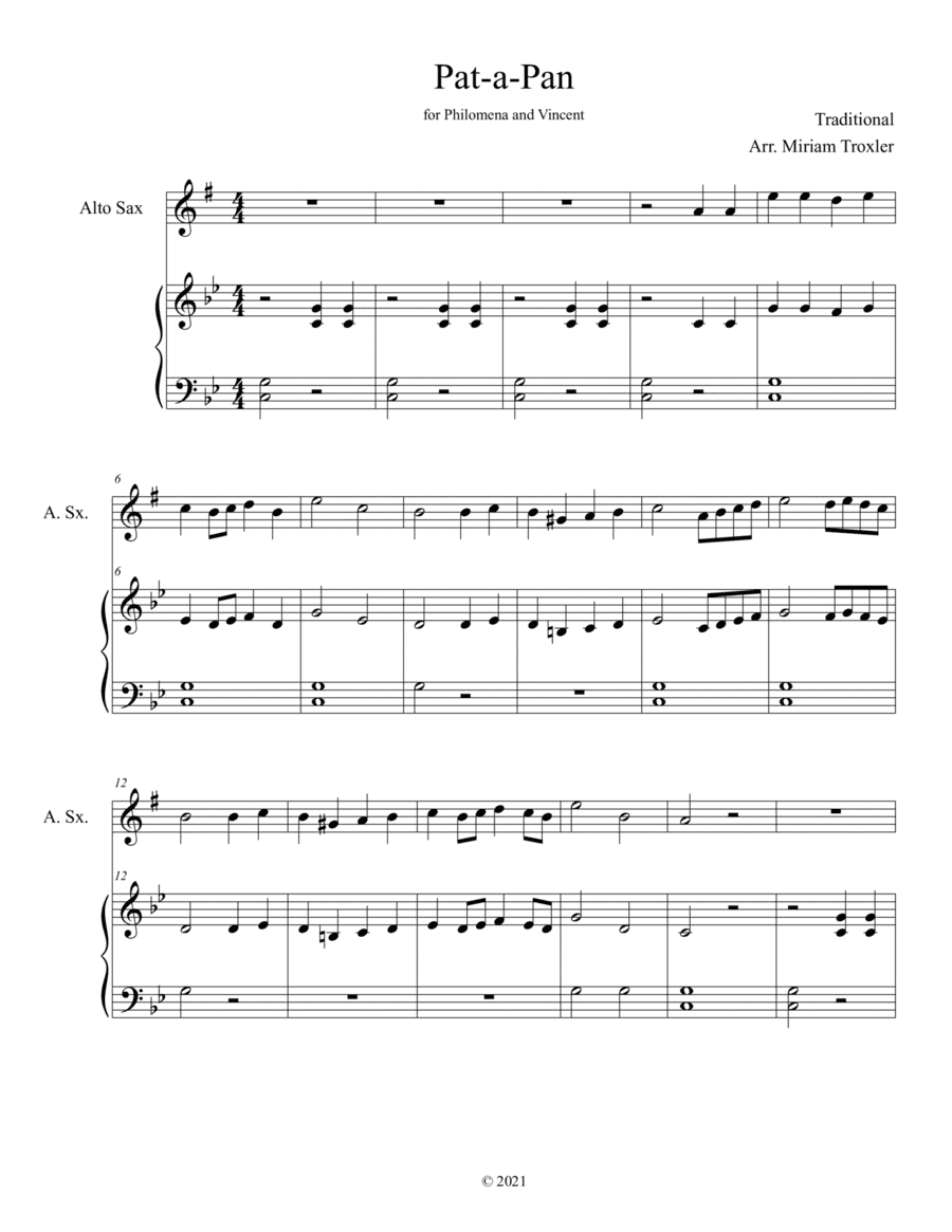 Pat A Pan Duet for Alto Sax and Piano (arr. Arr. Miriam Troxler)