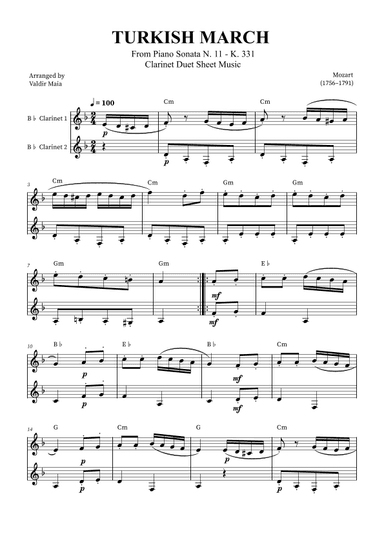 Turkish March - Clarinet Duet (with chords) (arr. Valdir Maia)