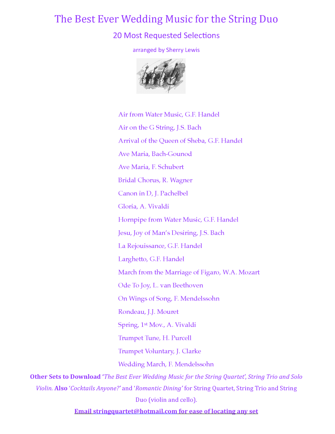 STRING DUO WEDDING MUSIC - FOR  STRING DUO COLLECTION SET OF WEDDING CLASSICS - 20 arrangements- (arr. Sherry Lewis)