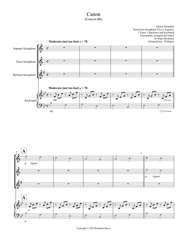 Canon (Pachelbel) (Bb) (Saxophone Trio - 1 Sop, 1 Tenor, 1 Bari), Keyboard) (arr. Regis Bookshar)