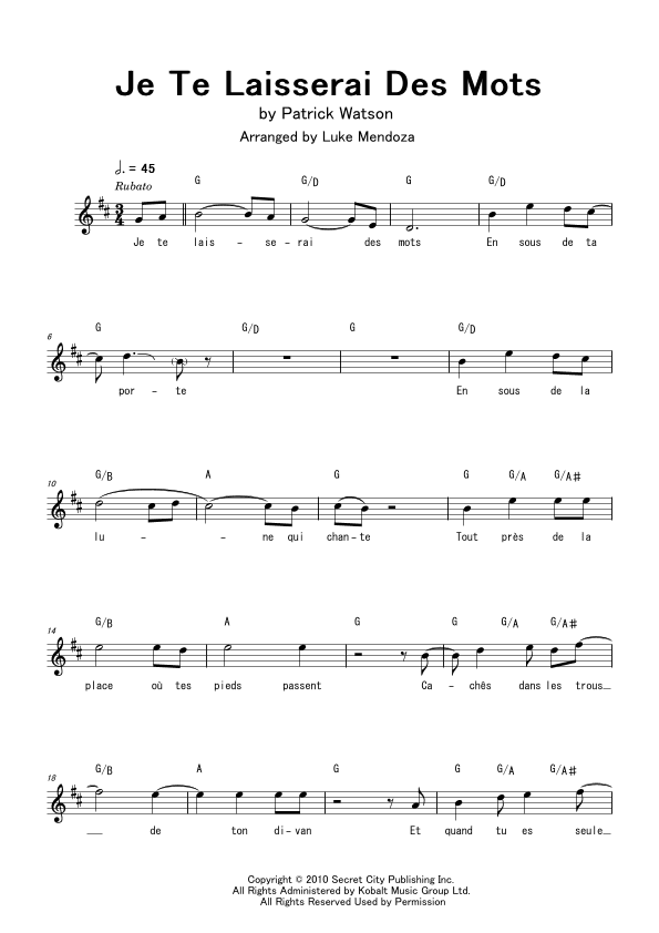 Je Te Laisserai Des Mots (arr. Luke Mendoza)